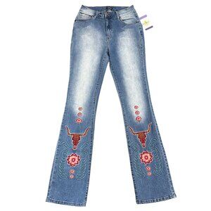 Flamingal Embroidered High Rise Flared Jeans Bull Floral Southwestern Womens S